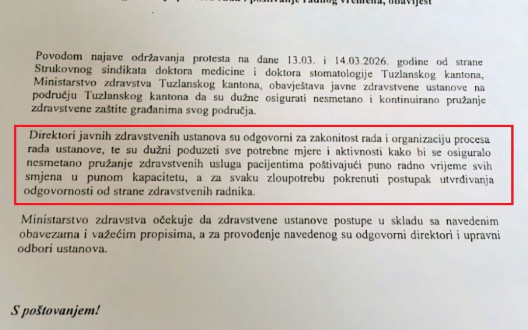 Ministarstvo zdravstva TK prijeti disciplinskim postupkom uposlenicima zdravstvenih ustanova